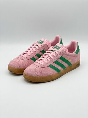 adidas Pink Suede Sneakers with Green Stripes and Gum Sole